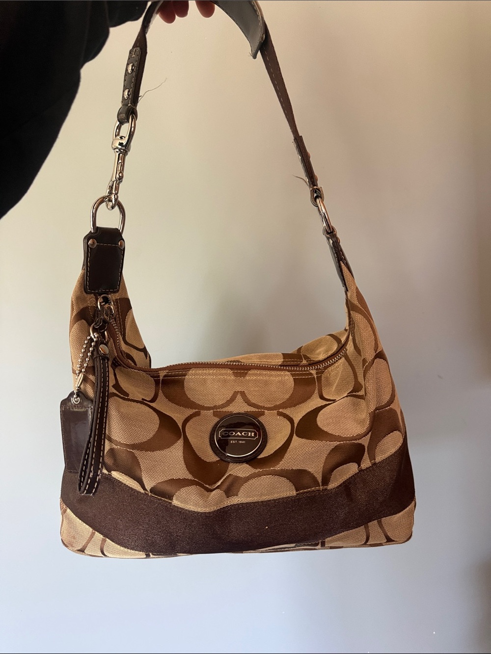 Coach Brown Signature Canvas Shoulder Bag with Dark Brown Trim